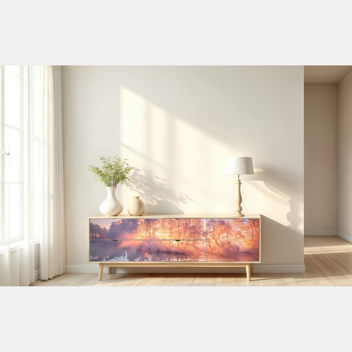 Naklejka repozycjonowalna zimowy wschód słońca nad zamarzniętą rzeką – Wallissimo® Naklejka repozycjonowalna zimowy wschód słońca nad zamarzniętą rzeką – Wallissimo®