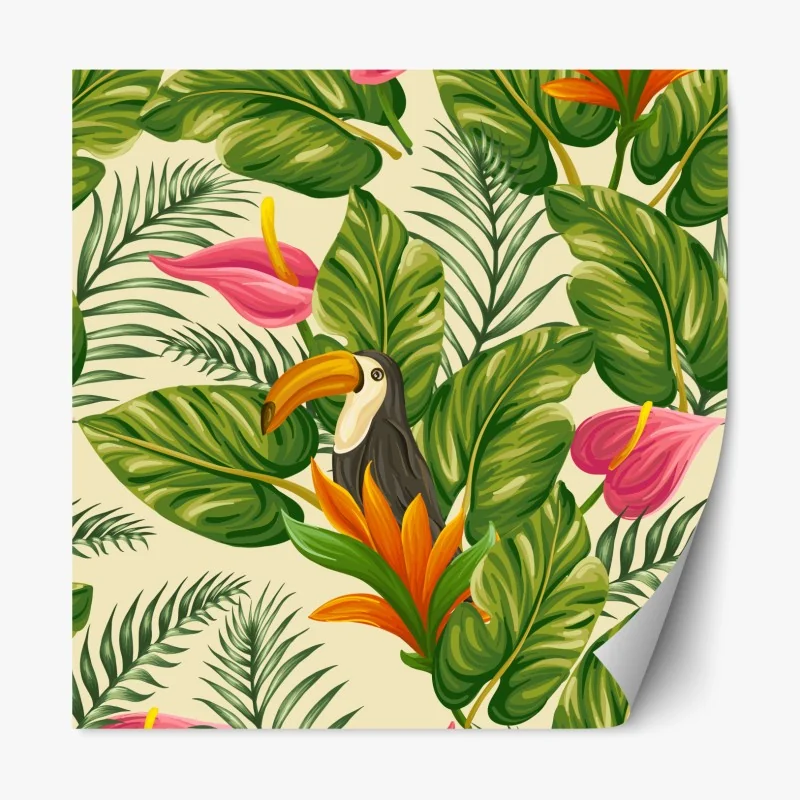 Naklejka repozycjonowalna tropikalny wzór botaniczny z tukanem