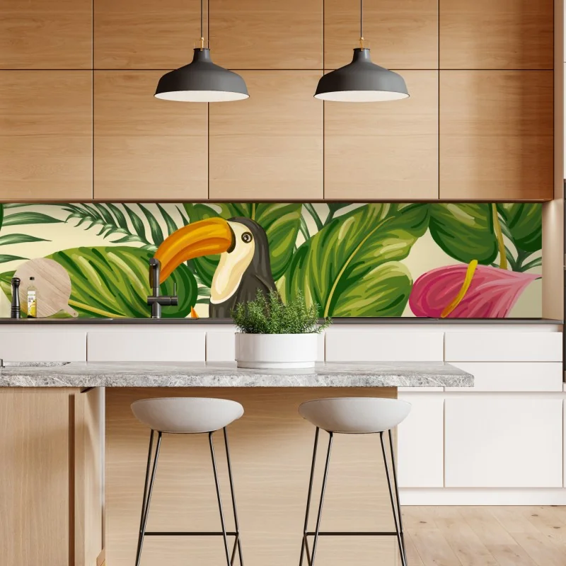 Naklejka repozycjonowalna tropikalny wzór botaniczny z tukanem – Wallissimo® Naklejka repozycjonowalna tropikalny wzór botaniczny z tukanem – Wallissimo®