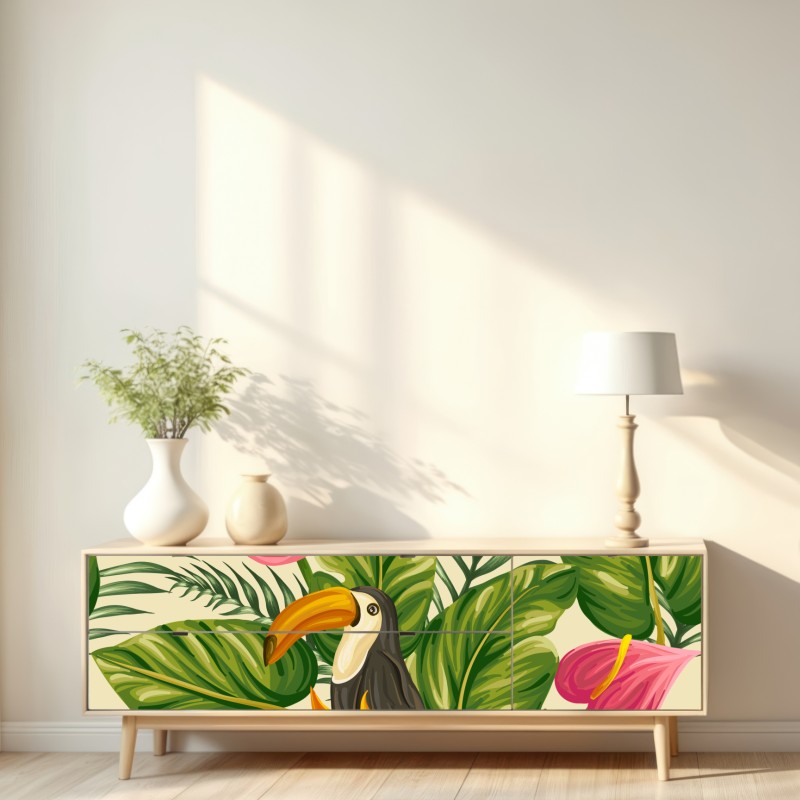 Naklejka repozycjonowalna tropikalny wzór botaniczny z tukanem – Wallissimo® Naklejka repozycjonowalna tropikalny wzór botaniczny z tukanem – Wallissimo®