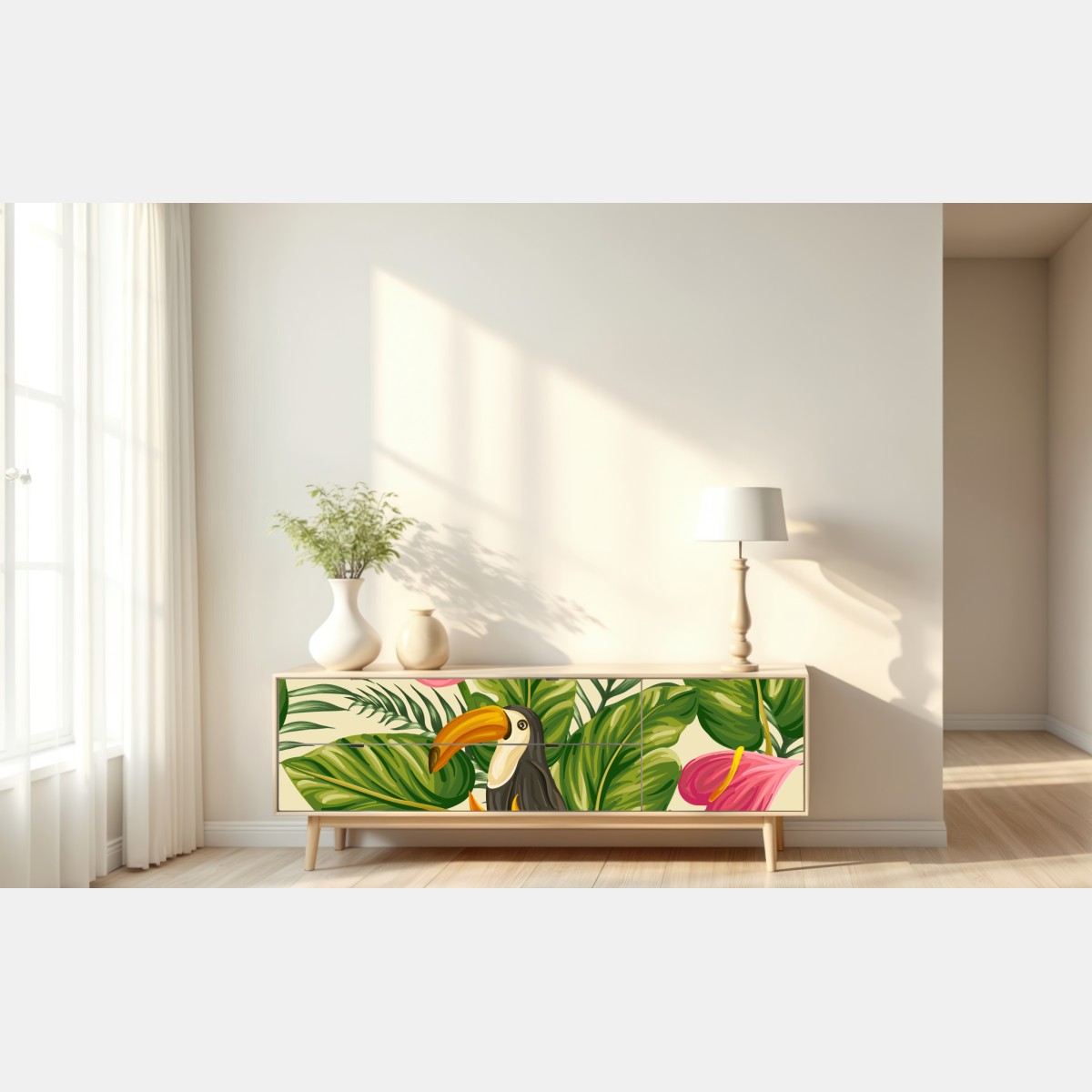 Naklejka repozycjonowalna tropikalny wzór botaniczny z tukanem – Wallissimo® Naklejka repozycjonowalna tropikalny wzór botaniczny z tukanem – Wallissimo®