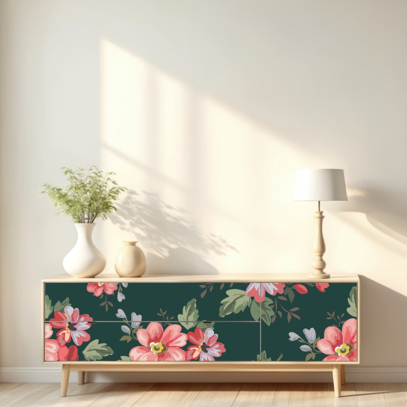 Naklejka repozycjonowalna vintage różowy wzór kwiatowy na głębokiej zieleni – Wallissimo® Naklejka repozycjonowalna vintage różowy wzór kwiatowy na głębokiej zieleni – Wallissimo®