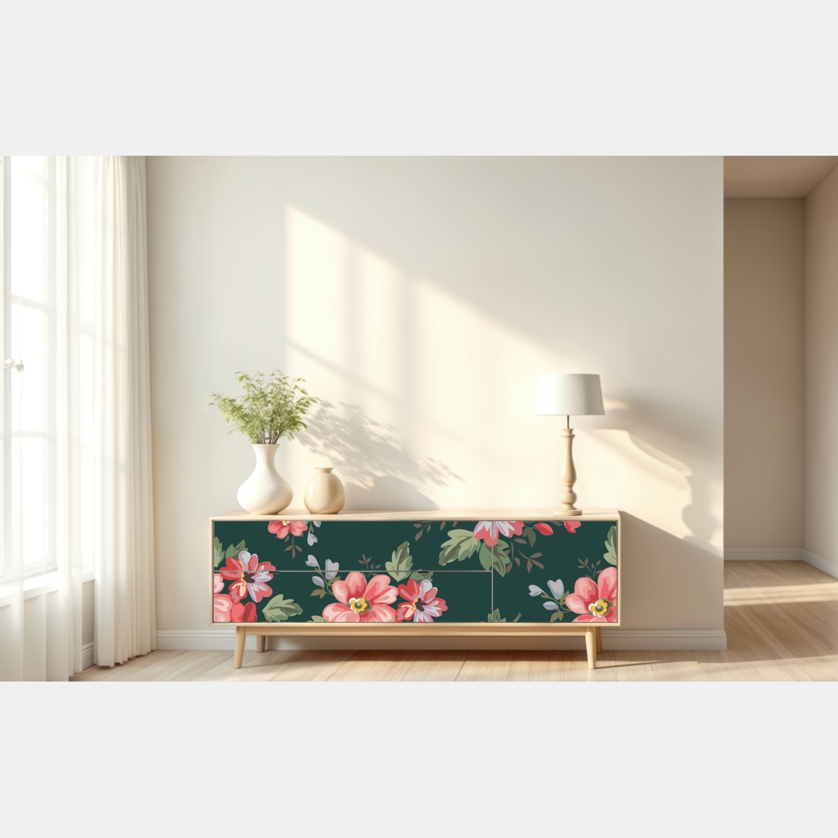 Naklejka repozycjonowalna vintage różowy wzór kwiatowy na głębokiej zieleni – Wallissimo® Naklejka repozycjonowalna vintage różowy wzór kwiatowy na głębokiej zieleni – Wallissimo®