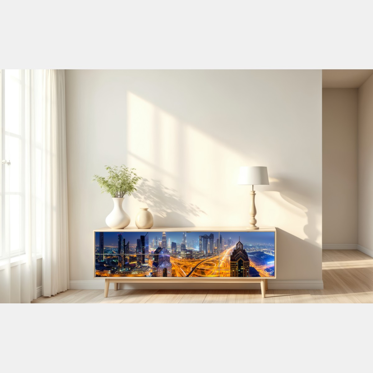 Naklejka repozycjonowalna panorama nocnego Dubaju – Wallissimo® Naklejka repozycjonowalna panorama nocnego Dubaju – Wallissimo®