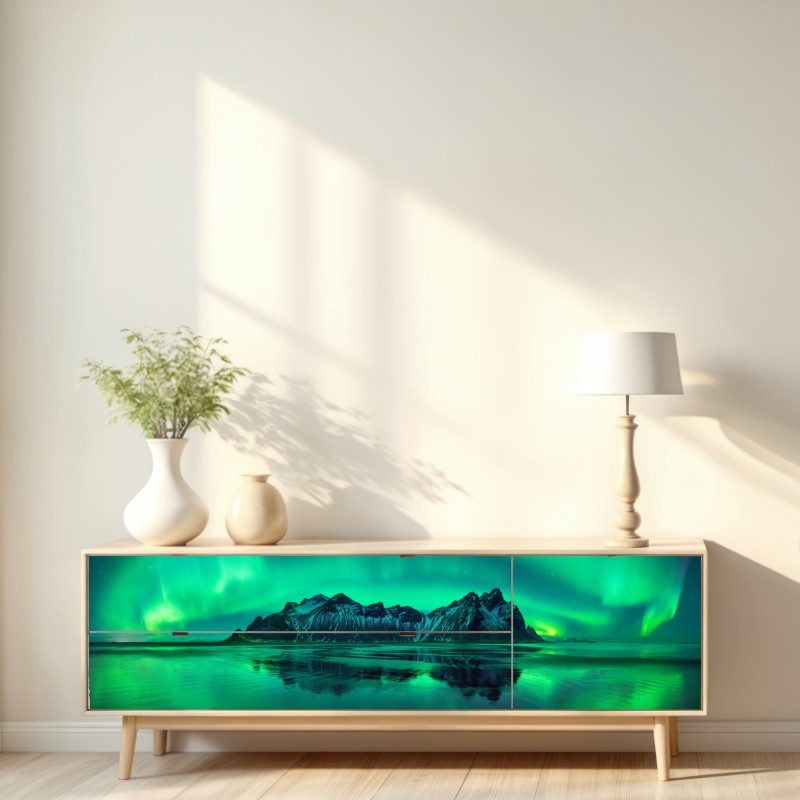 Naklejka repozycjonowalna zorza nad Vestrahornem, Stokksnes – Wallissimo® Naklejka repozycjonowalna zorza nad Vestrahornem, Stokksnes – Wallissimo®