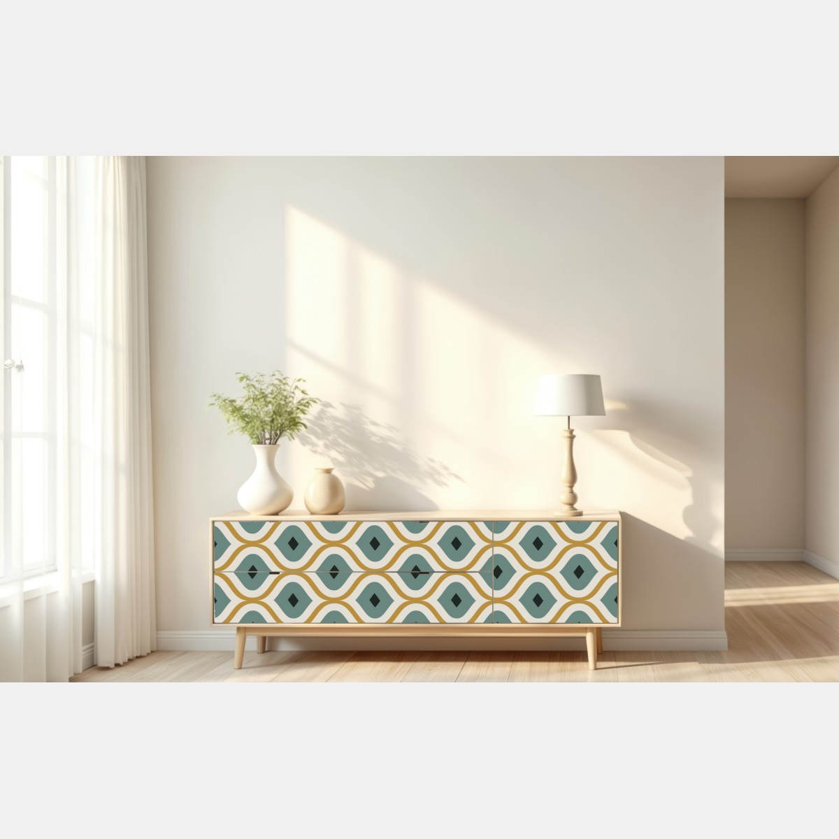 Naklejka repozycjonowalna niebiesko-złoty geometryczny ornament – Wallissimo® Naklejka repozycjonowalna niebiesko-złoty geometryczny ornament – Wallissimo®