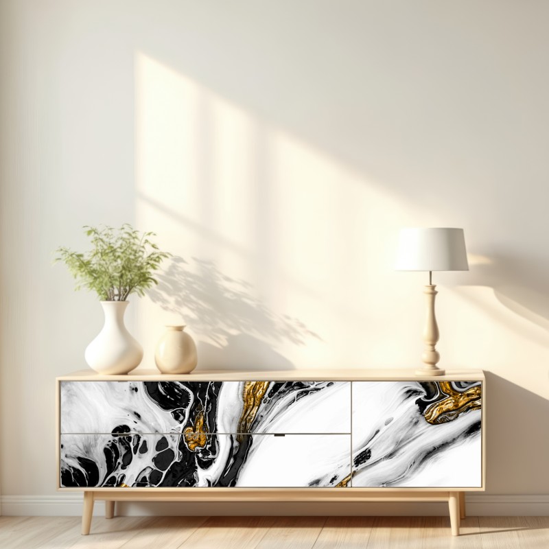 Naklejka repozycjonowalna czarno-biała abstrakcja ze złotymi żyłami – Wallissimo® Naklejka repozycjonowalna czarno-biała abstrakcja ze złotymi żyłami – Wallissimo®