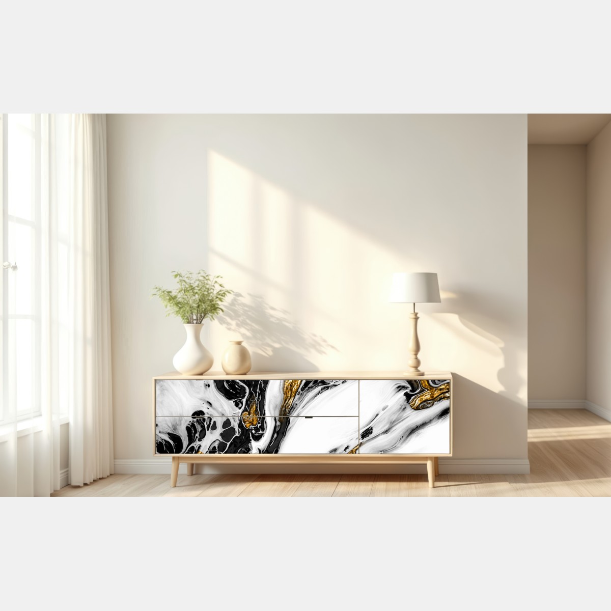Naklejka repozycjonowalna czarno-biała abstrakcja ze złotymi żyłami – Wallissimo® Naklejka repozycjonowalna czarno-biała abstrakcja ze złotymi żyłami – Wallissimo®