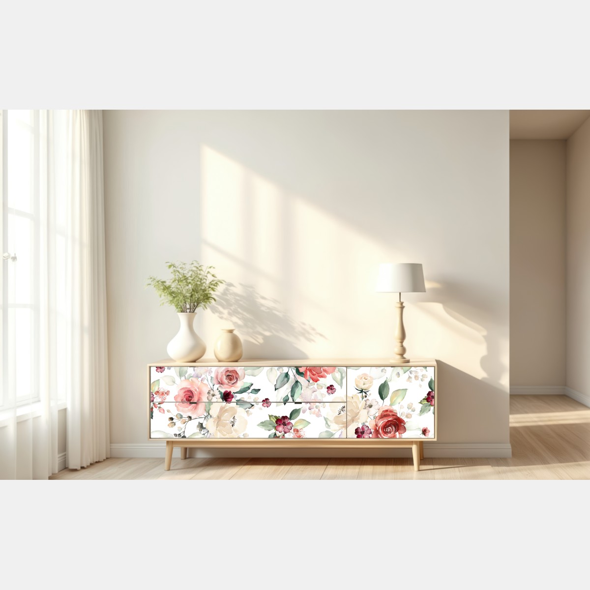 Naklejka repozycjonowalna delikatny akwarelowy wzór róż – Wallissimo® Naklejka repozycjonowalna delikatny akwarelowy wzór róż – Wallissimo®