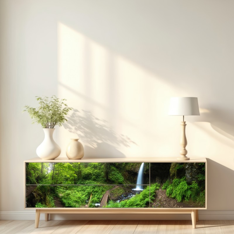 Naklejka repozycjonowalna bujny leśny wodospad panorama – Wallissimo® Naklejka repozycjonowalna bujny leśny wodospad panorama – Wallissimo®