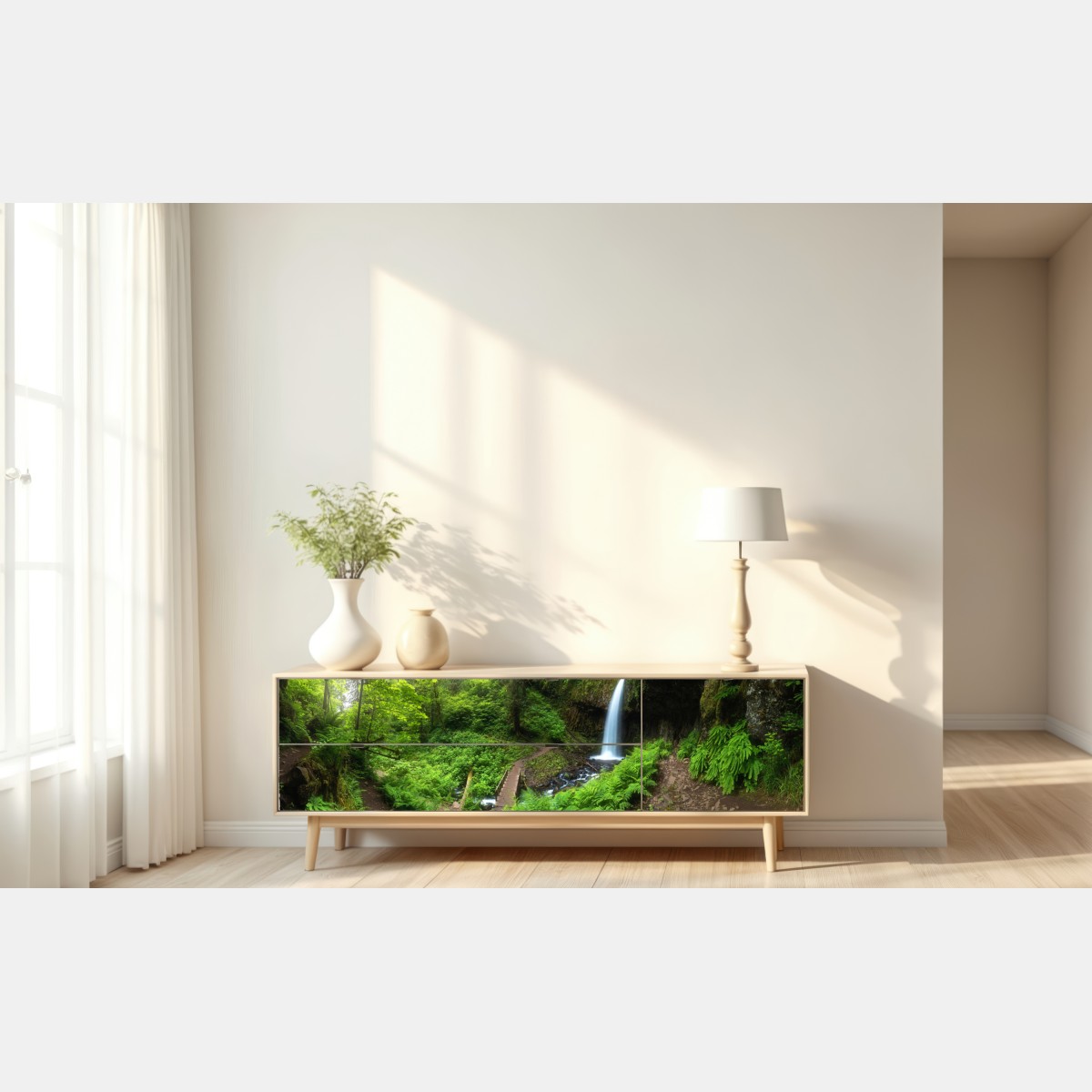 Naklejka repozycjonowalna bujny leśny wodospad panorama – Wallissimo® Naklejka repozycjonowalna bujny leśny wodospad panorama – Wallissimo®