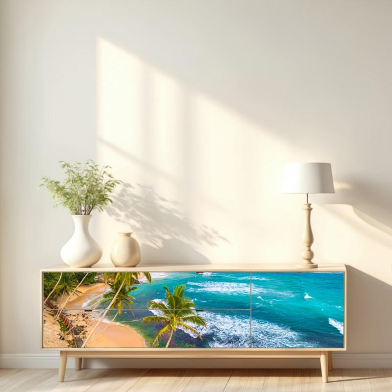 Naklejka repozycjonowalna turkusowe tropikalne wybrzeże z palmami – Wallissimo® Naklejka repozycjonowalna turkusowe tropikalne wybrzeże z palmami – Wallissimo®