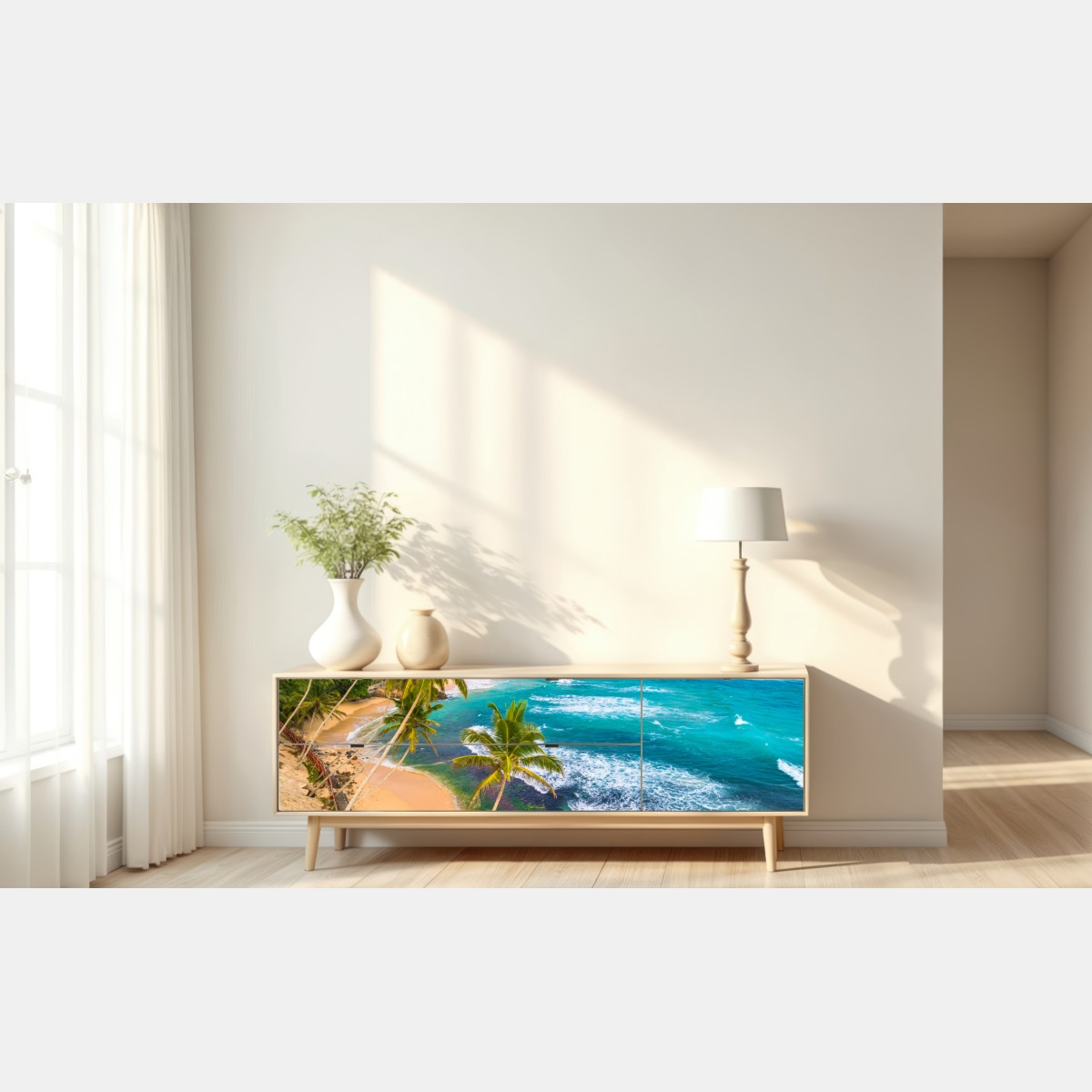 Naklejka repozycjonowalna turkusowe tropikalne wybrzeże z palmami – Wallissimo® Naklejka repozycjonowalna turkusowe tropikalne wybrzeże z palmami – Wallissimo®