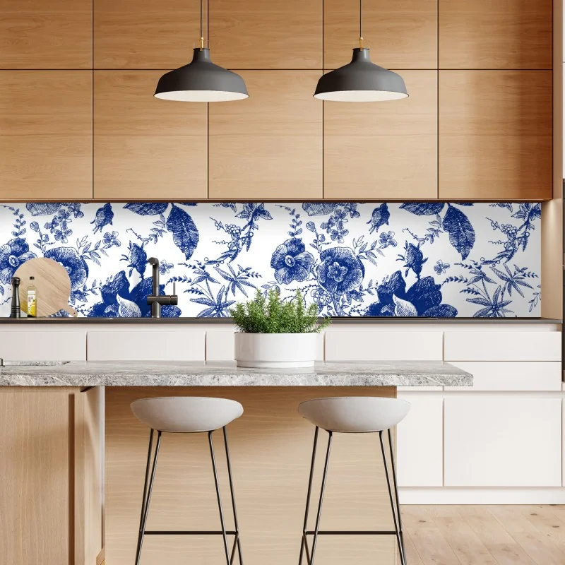 Naklejka repozycjonowalna niebieski kwiatowy wzór toile – Wallissimo® Naklejka repozycjonowalna niebieski kwiatowy wzór toile – Wallissimo®