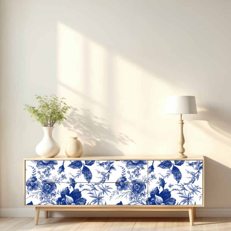 Naklejka repozycjonowalna niebieski kwiatowy wzór toile – Wallissimo® Naklejka repozycjonowalna niebieski kwiatowy wzór toile – Wallissimo®