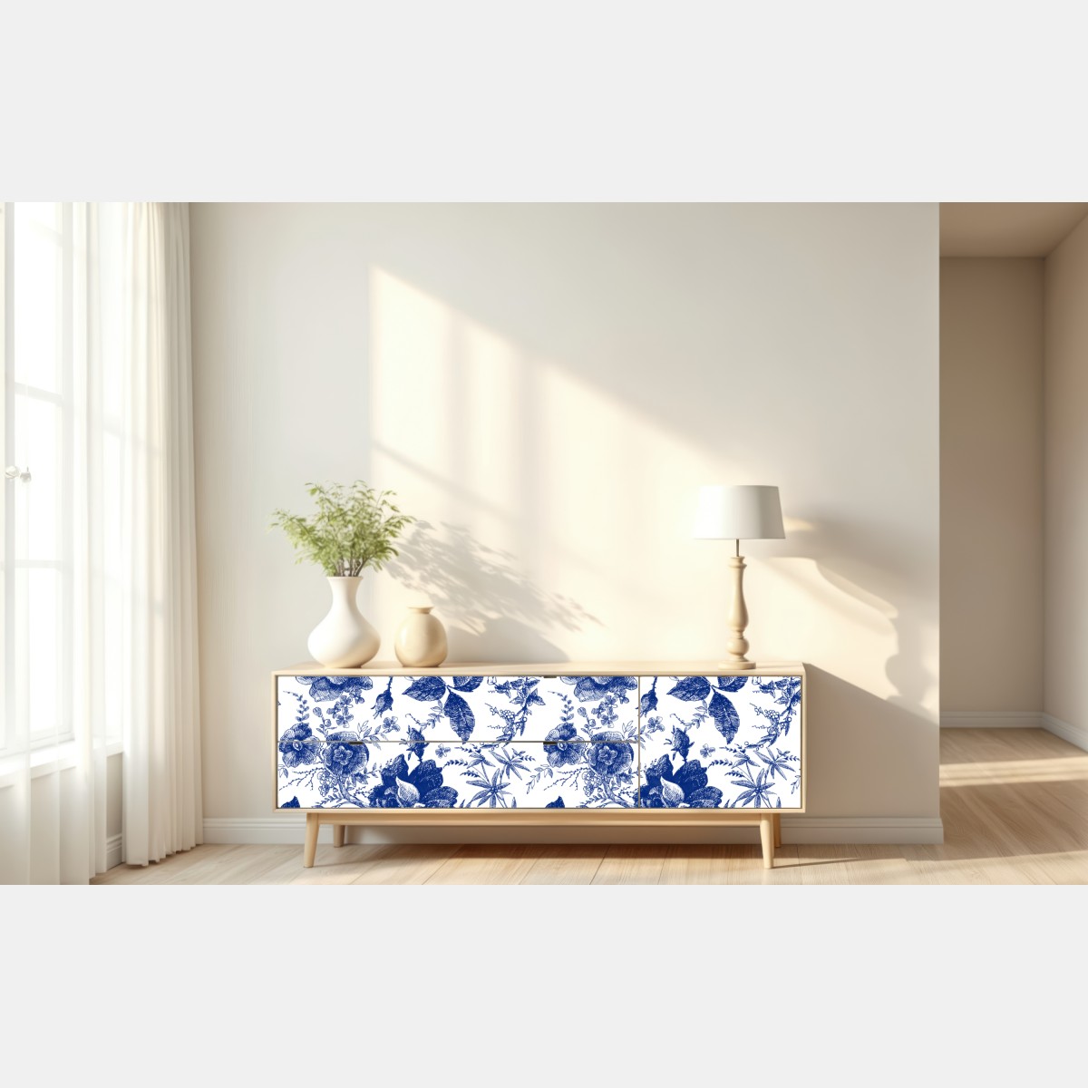 Naklejka repozycjonowalna niebieski kwiatowy wzór toile – Wallissimo® Naklejka repozycjonowalna niebieski kwiatowy wzór toile – Wallissimo®