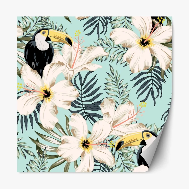 Naklejka repozycjonowalna tropikalny wzór z tukanem i kwiatami