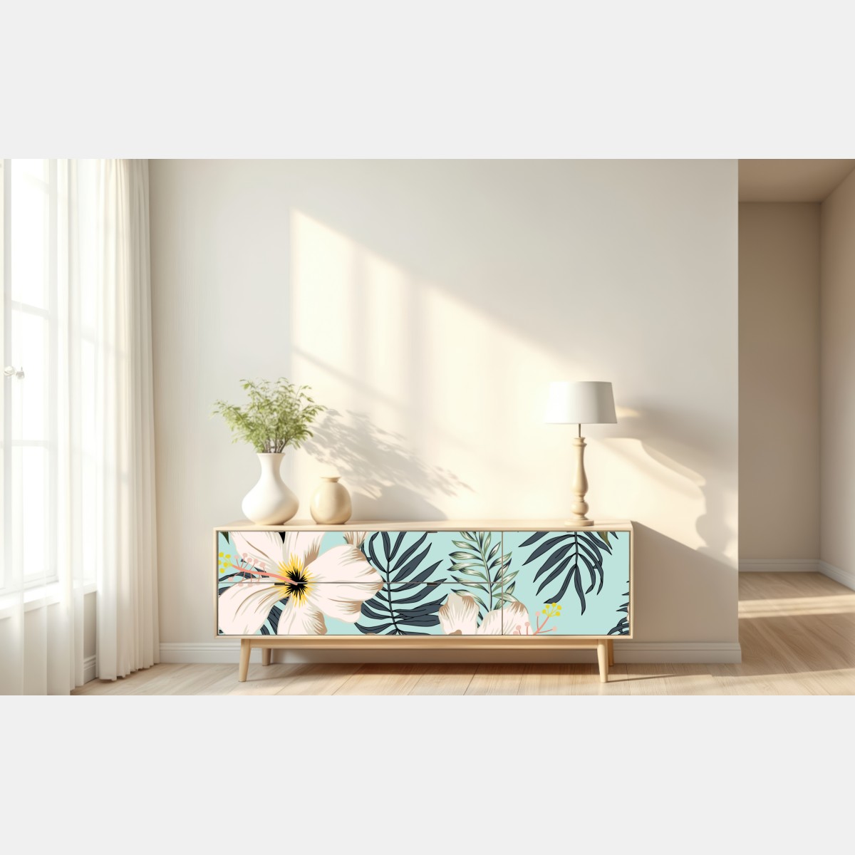 Naklejka repozycjonowalna tropikalny wzór z tukanem i kwiatami – Wallissimo® Naklejka repozycjonowalna tropikalny wzór z tukanem i kwiatami – Wallissimo®