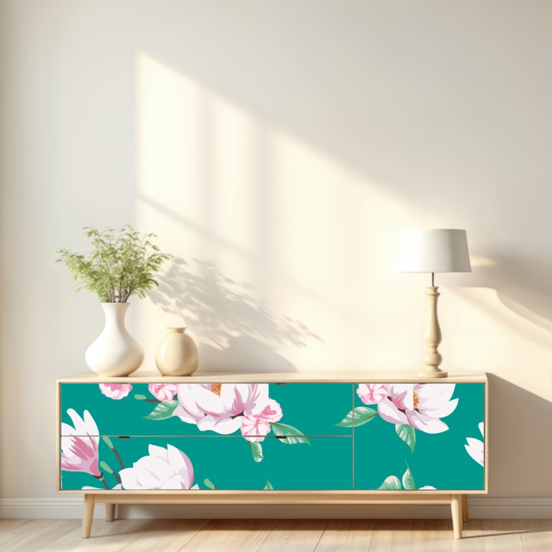 Naklejka repozycjonowalna pastelowy wzór magnolii na turkusowym tle – Wallissimo® Naklejka repozycjonowalna pastelowy wzór magnolii na turkusowym tle – Wallissimo®