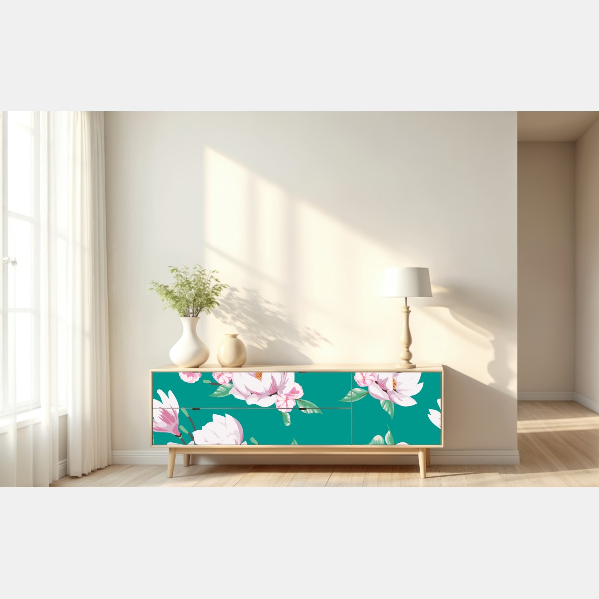 Naklejka repozycjonowalna pastelowy wzór magnolii na turkusowym tle – Wallissimo® Naklejka repozycjonowalna pastelowy wzór magnolii na turkusowym tle – Wallissimo®