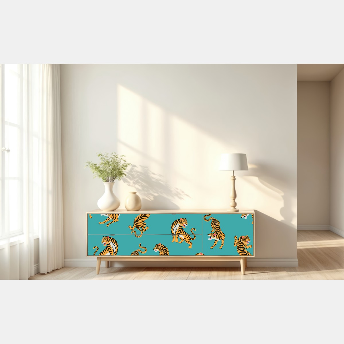 Naklejka repozycjonowalna stylizowany motyw tygrysa na turkusowym tle – Wallissimo® Naklejka repozycjonowalna stylizowany motyw tygrysa na turkusowym tle – Wallissimo®