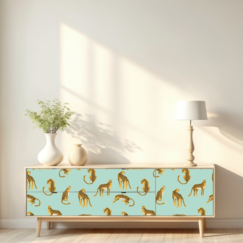 Naklejka repozycjonowalna zabawny wzór gepardów na turkusowym tle – Wallissimo® Naklejka repozycjonowalna zabawny wzór gepardów na turkusowym tle – Wallissimo®