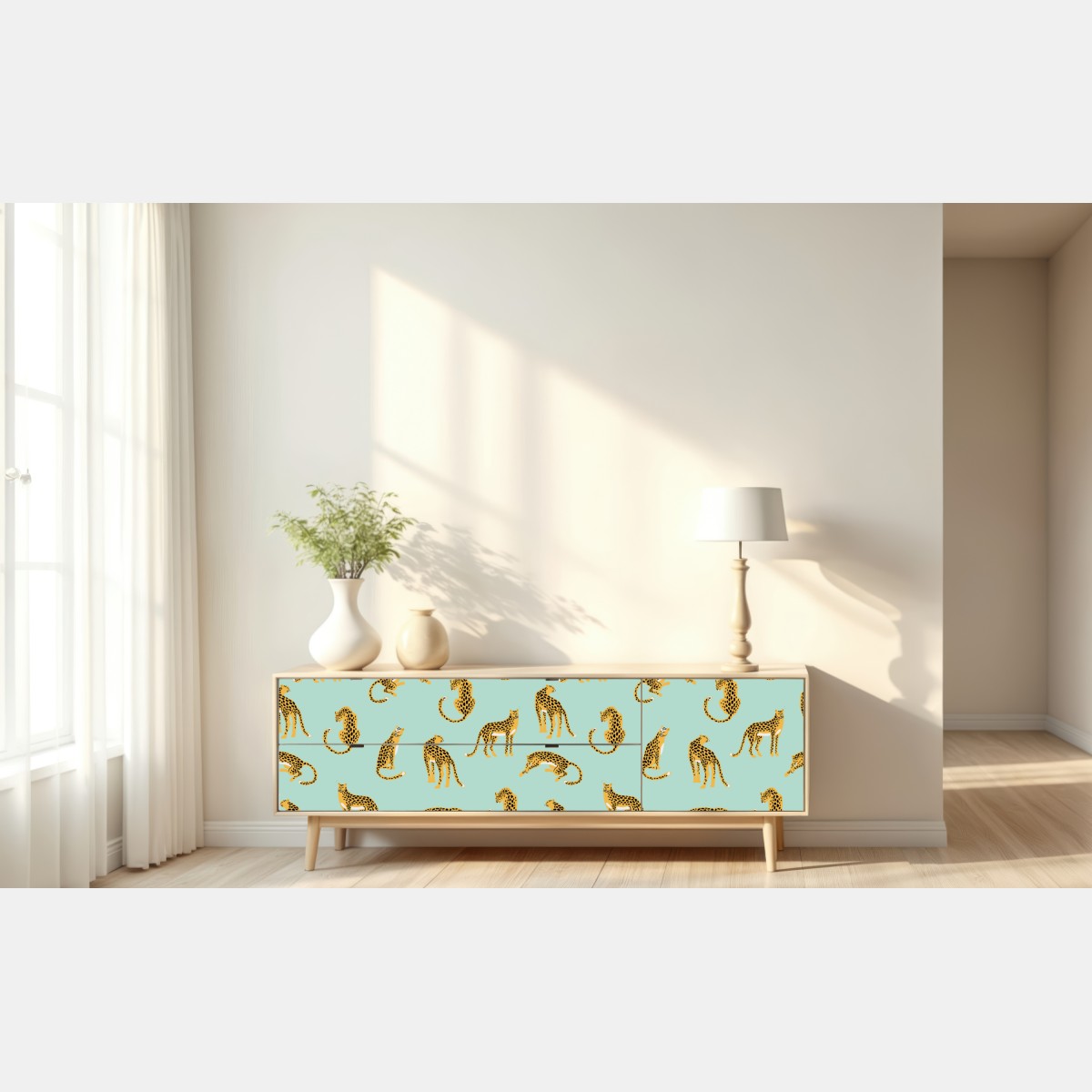 Naklejka repozycjonowalna zabawny wzór gepardów na turkusowym tle – Wallissimo® Naklejka repozycjonowalna zabawny wzór gepardów na turkusowym tle – Wallissimo®