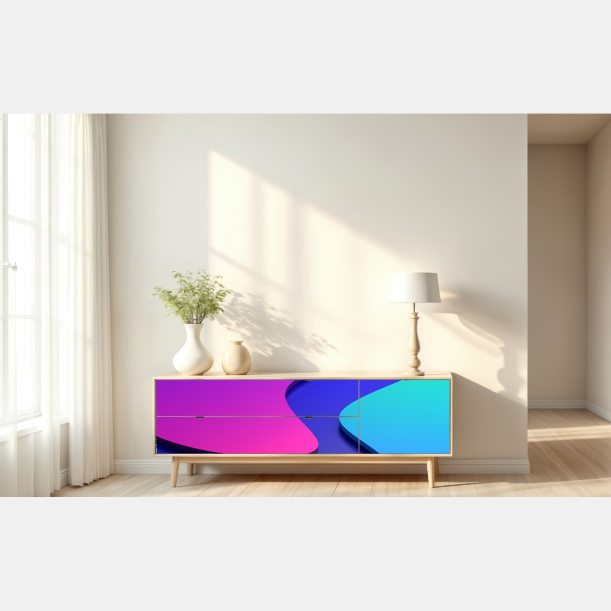 Naklejka repozycjonowalna wibrujące fioletowo-niebieskie abstrakcyjne kształty 3d – Wallissimo® Naklejka repozycjonowalna wibrujące fioletowo-niebieskie abstrakcyjne kształty 3d – Wallissimo®