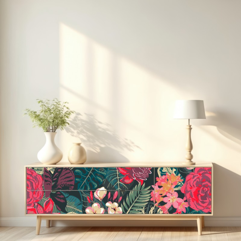 Naklejka repozycjonowalna tropikalny wzór kwiatowy w różu i turkusie – Wallissimo® Naklejka repozycjonowalna tropikalny wzór kwiatowy w różu i turkusie – Wallissimo®