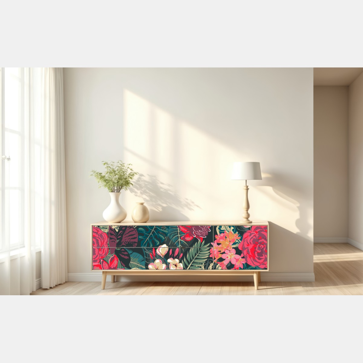 Naklejka repozycjonowalna tropikalny wzór kwiatowy w różu i turkusie – Wallissimo® Naklejka repozycjonowalna tropikalny wzór kwiatowy w różu i turkusie – Wallissimo®