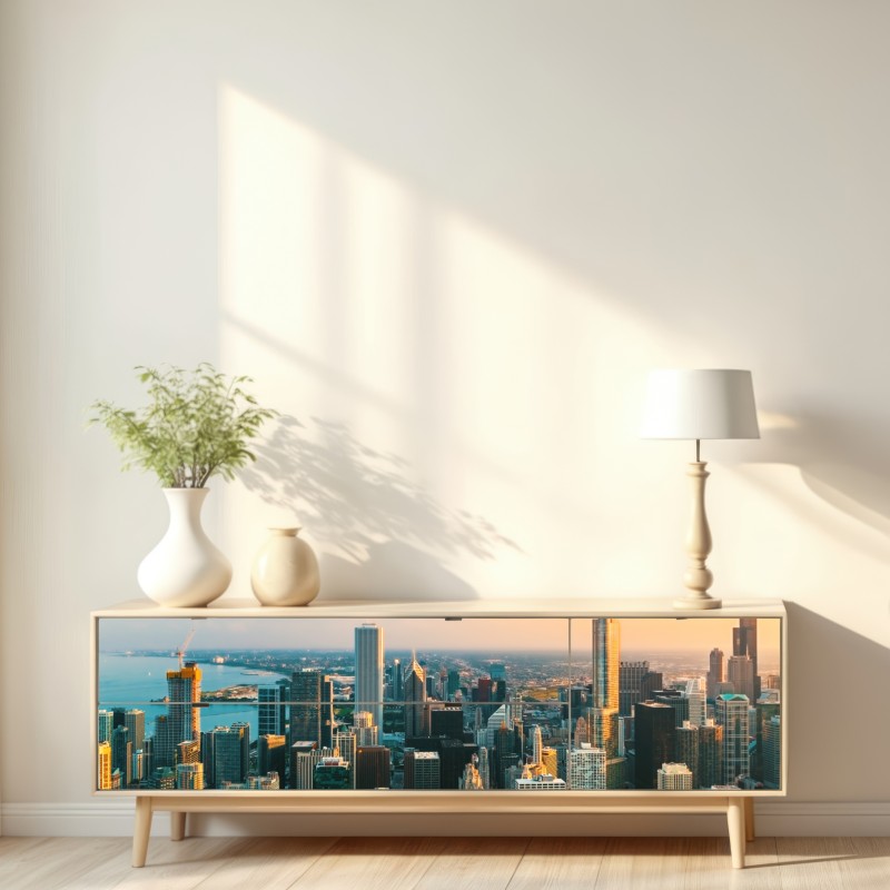 Naklejka repozycjonowalna Chicago panorama miasta o zachodzie słońca – Wallissimo® Naklejka repozycjonowalna Chicago panorama miasta o zachodzie słońca – Wallissimo®