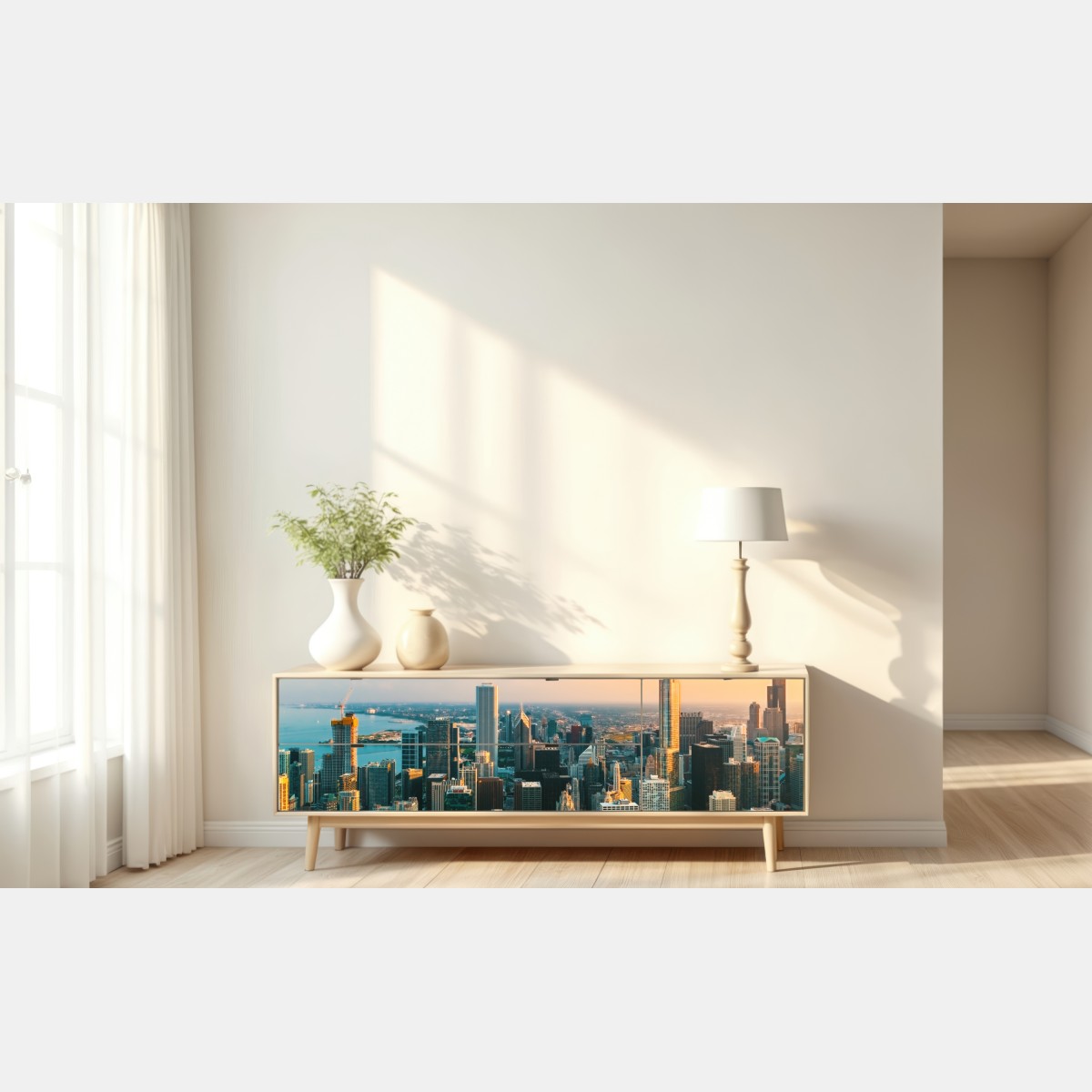 Naklejka repozycjonowalna Chicago panorama miasta o zachodzie słońca – Wallissimo® Naklejka repozycjonowalna Chicago panorama miasta o zachodzie słońca – Wallissimo®