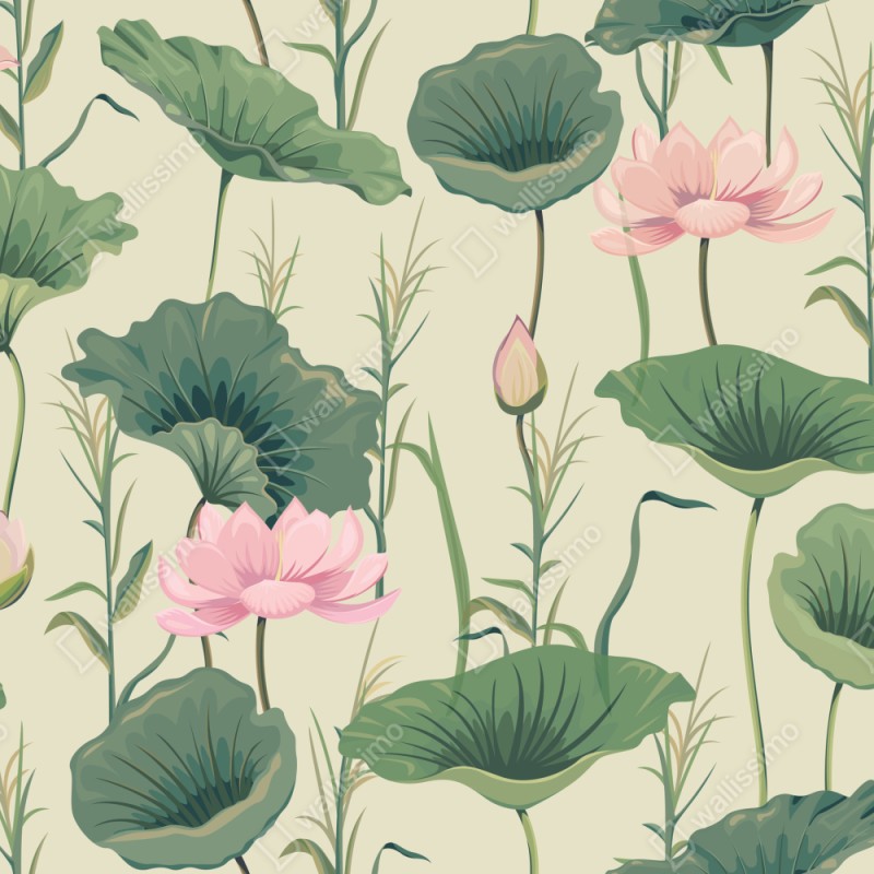 Naklejka repozycjonowalna delikatny ogród lotosów wzór botaniczny – Wallissimo® Naklejka repozycjonowalna delikatny ogród lotosów wzór botaniczny – Wallissimo®