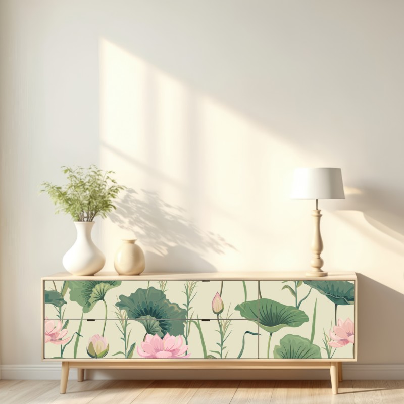 Naklejka repozycjonowalna delikatny ogród lotosów wzór botaniczny – Wallissimo® Naklejka repozycjonowalna delikatny ogród lotosów wzór botaniczny – Wallissimo®