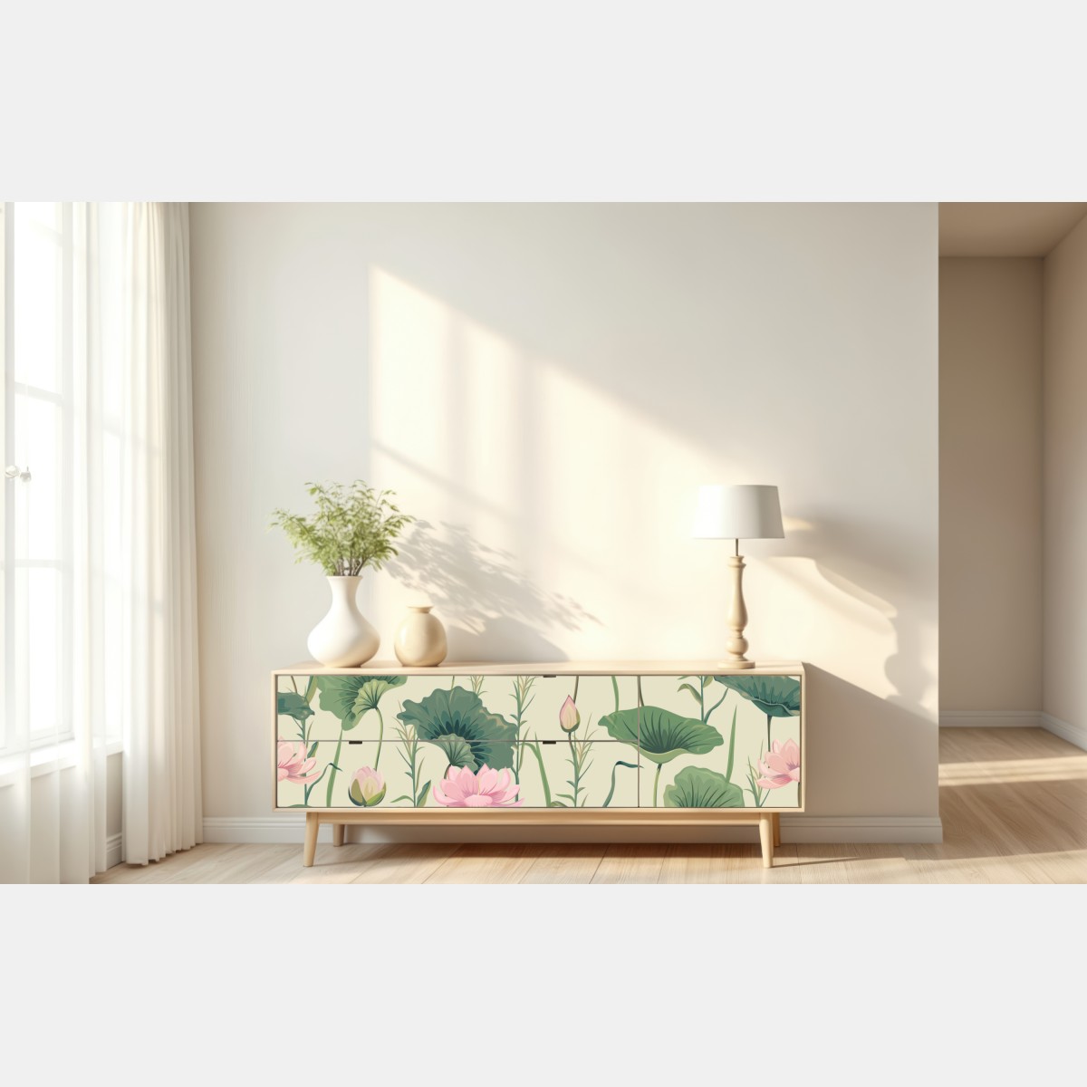 Naklejka repozycjonowalna delikatny ogród lotosów wzór botaniczny – Wallissimo® Naklejka repozycjonowalna delikatny ogród lotosów wzór botaniczny – Wallissimo®