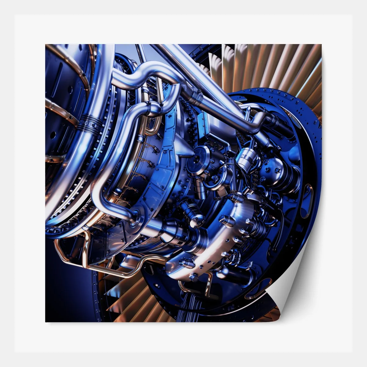 Naklejka repozycjonowalna zbliżenie turbiny silnika odrzutowego w niebieskich i pomarańczowych tonach – Wallissimo® Naklejka repozycjonowalna zbliżenie turbiny silnika odrzutowego w niebieskich i pomarańczowych tonach – Wallissimo®
