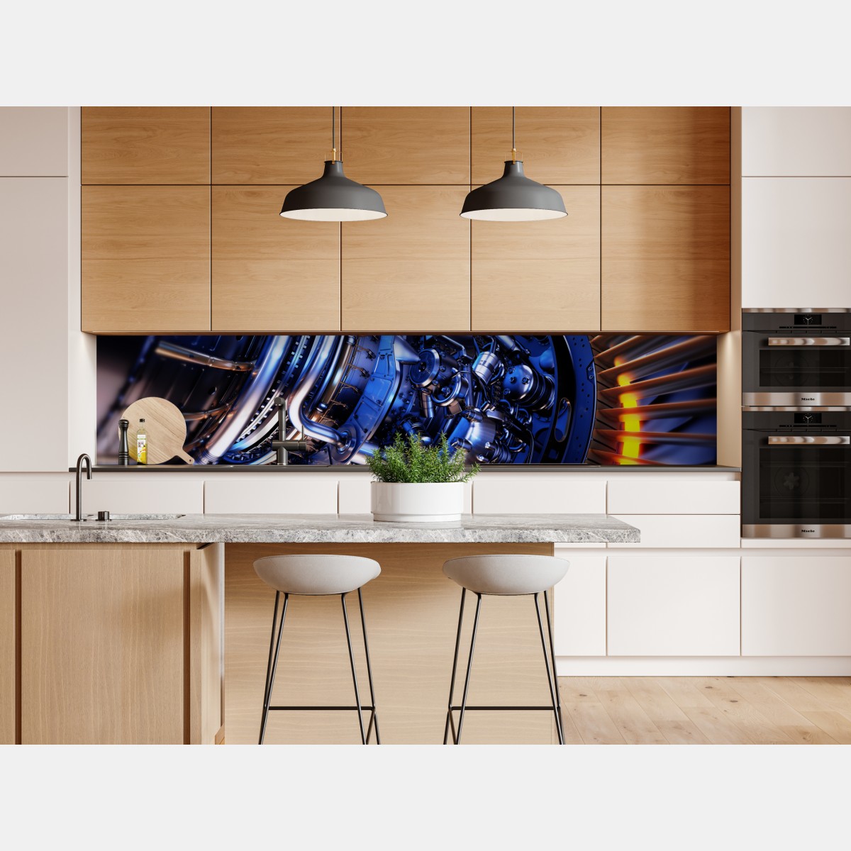 Naklejka repozycjonowalna zbliżenie turbiny silnika odrzutowego w niebieskich i pomarańczowych tonach – Wallissimo® Naklejka repozycjonowalna zbliżenie turbiny silnika odrzutowego w niebieskich i pomarańczowych tonach – Wallissimo®