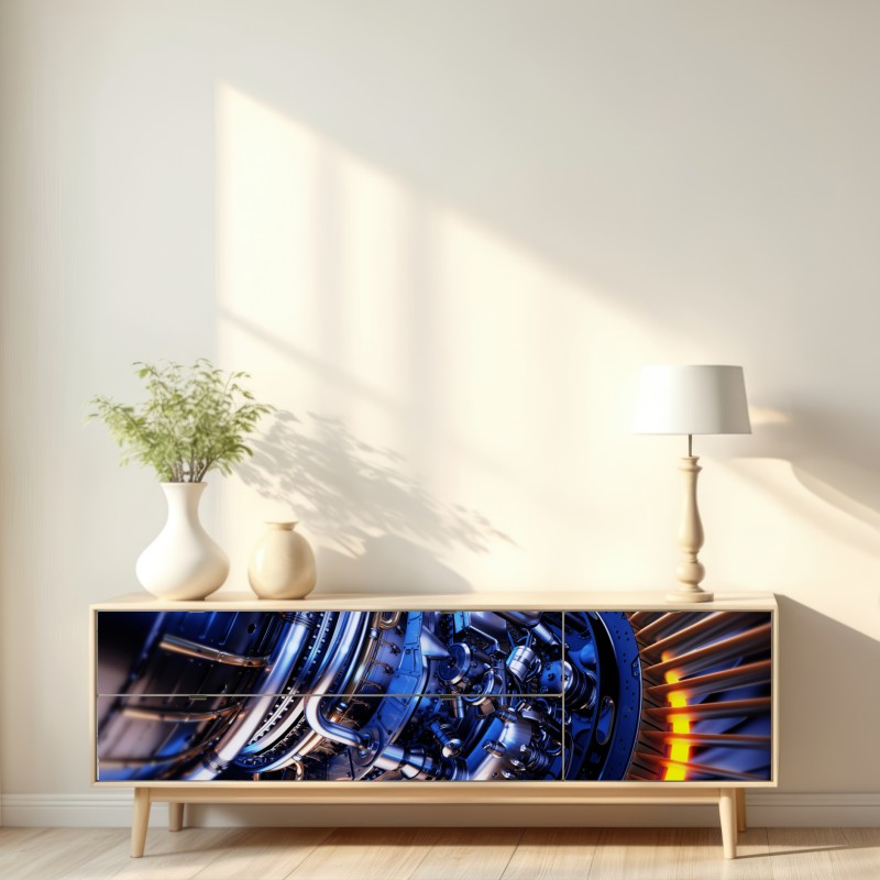 Naklejka repozycjonowalna zbliżenie turbiny silnika odrzutowego w niebieskich i pomarańczowych tonach – Wallissimo® Naklejka repozycjonowalna zbliżenie turbiny silnika odrzutowego w niebieskich i pomarańczowych tonach – Wallissimo®