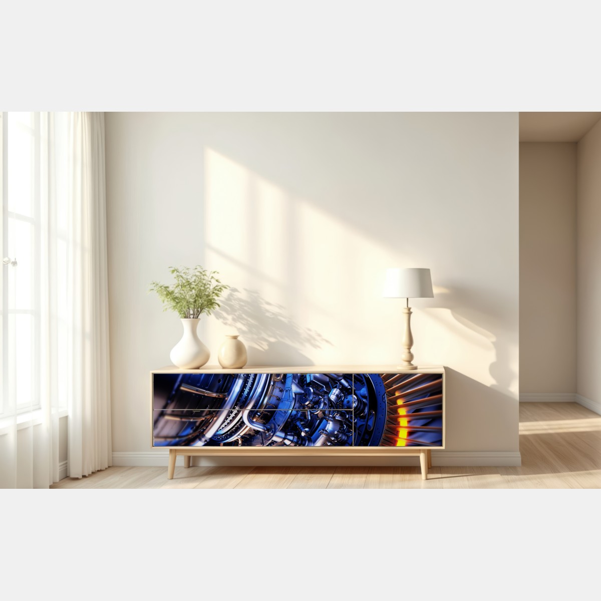 Naklejka repozycjonowalna zbliżenie turbiny silnika odrzutowego w niebieskich i pomarańczowych tonach – Wallissimo® Naklejka repozycjonowalna zbliżenie turbiny silnika odrzutowego w niebieskich i pomarańczowych tonach – Wallissimo®