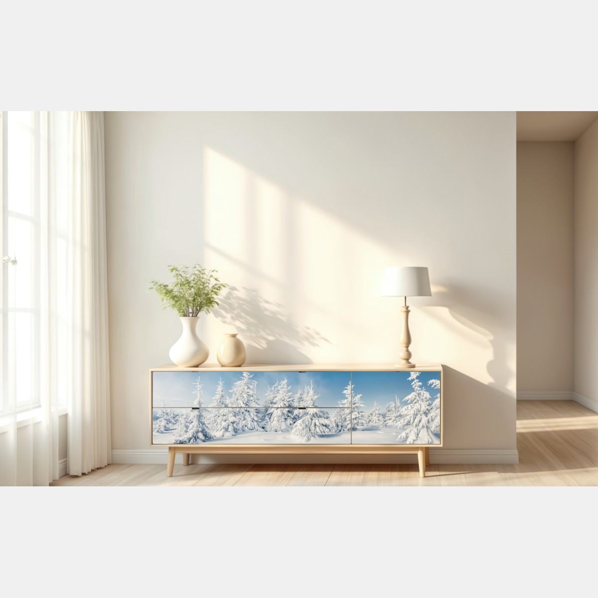 Naklejka repozycjonowalna panorama zimowego lasu pokrytego śniegiem – Wallissimo® Naklejka repozycjonowalna panorama zimowego lasu pokrytego śniegiem – Wallissimo®