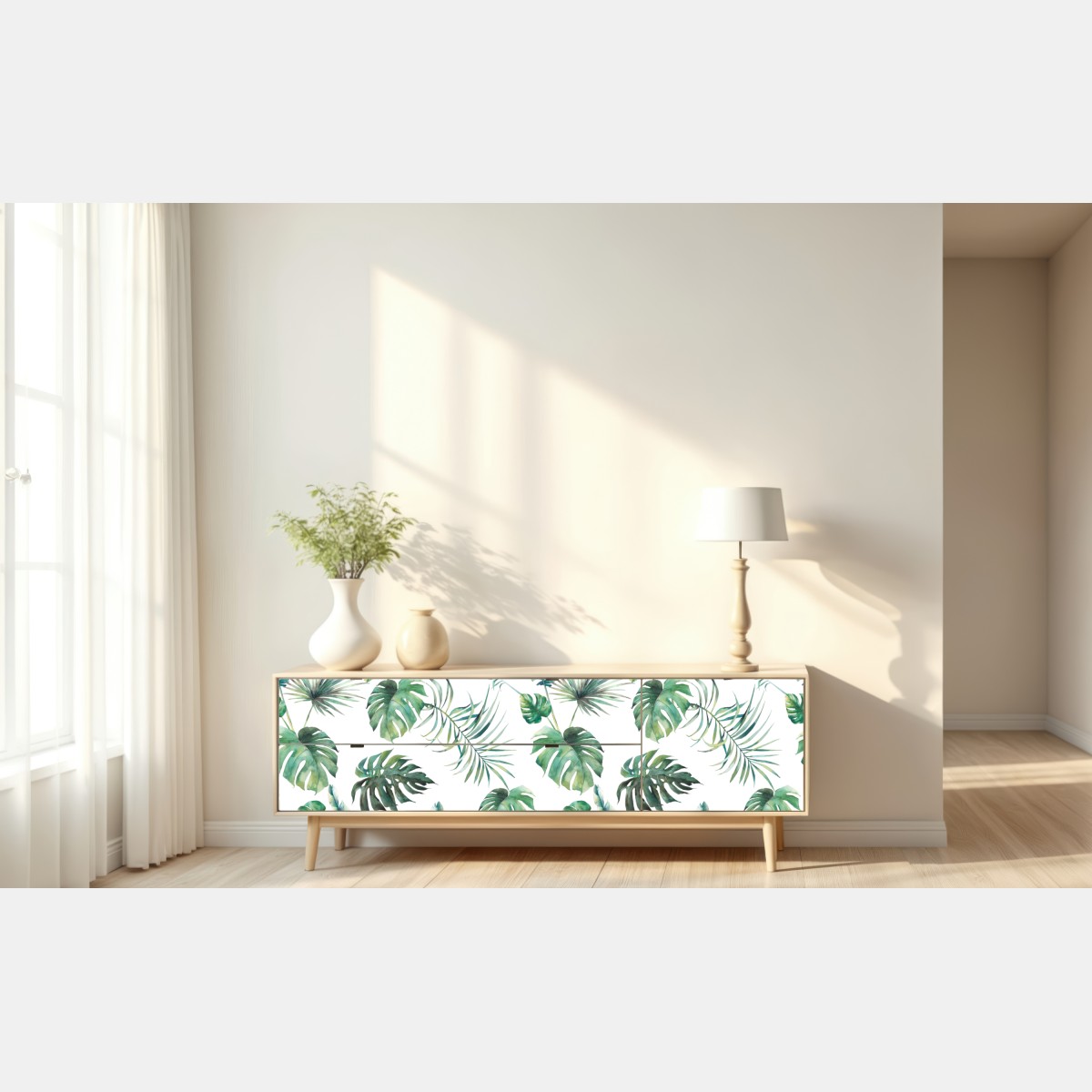 Naklejka repozycjonowalna akwarelowy wzór tropikalnych liści – Wallissimo® Naklejka repozycjonowalna akwarelowy wzór tropikalnych liści – Wallissimo®