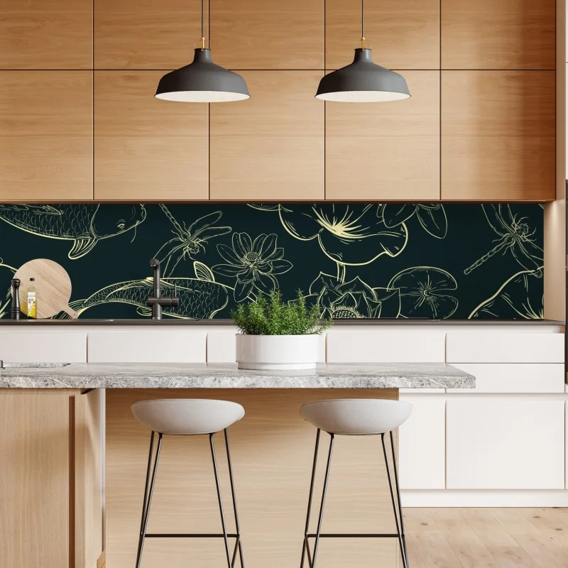 Naklejka repozycjonowalna ręcznie rysowany wzór koi i lotosu – Wallissimo® Naklejka repozycjonowalna ręcznie rysowany wzór koi i lotosu – Wallissimo®