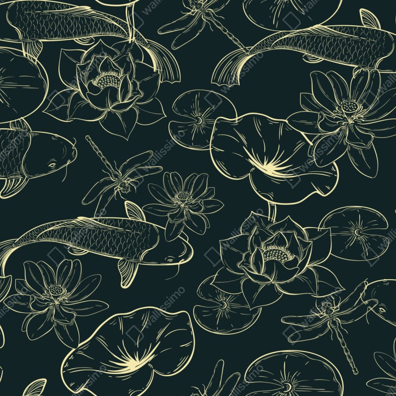 Naklejka repozycjonowalna ręcznie rysowany wzór koi i lotosu – Wallissimo® Naklejka repozycjonowalna ręcznie rysowany wzór koi i lotosu – Wallissimo®