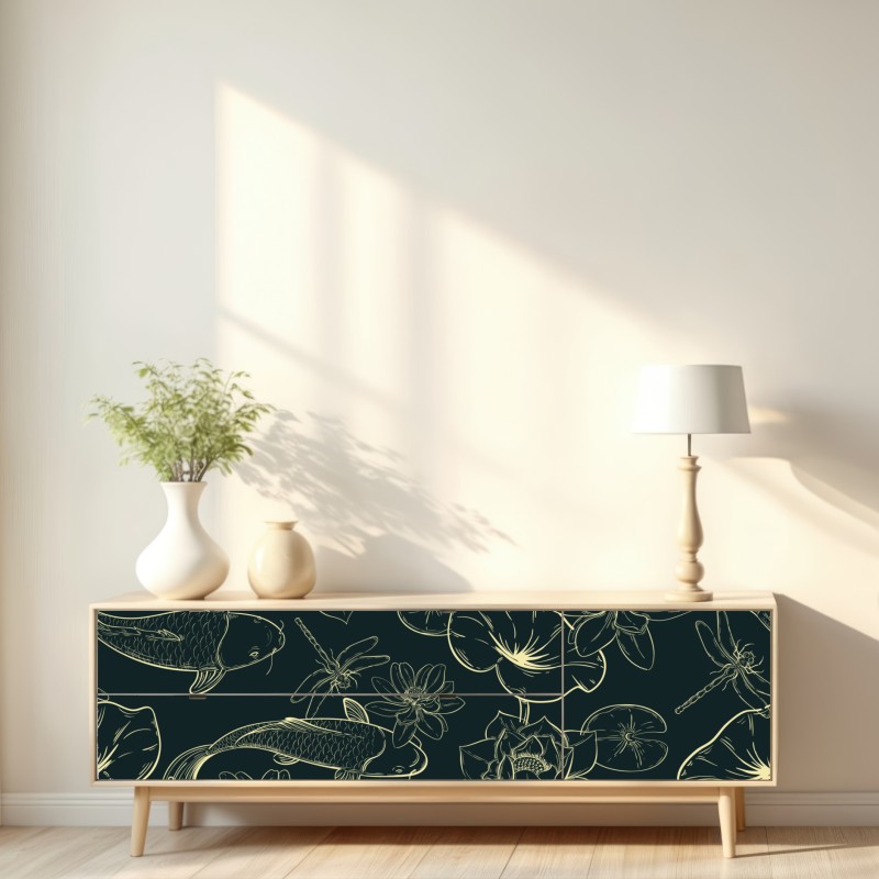 Naklejka repozycjonowalna ręcznie rysowany wzór koi i lotosu – Wallissimo® Naklejka repozycjonowalna ręcznie rysowany wzór koi i lotosu – Wallissimo®