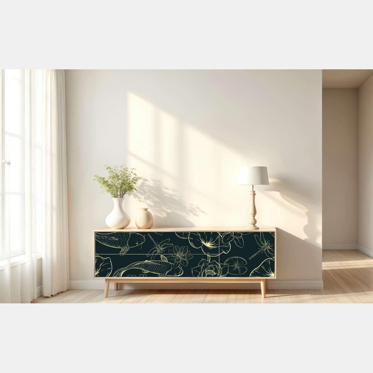 Naklejka repozycjonowalna ręcznie rysowany wzór koi i lotosu – Wallissimo® Naklejka repozycjonowalna ręcznie rysowany wzór koi i lotosu – Wallissimo®