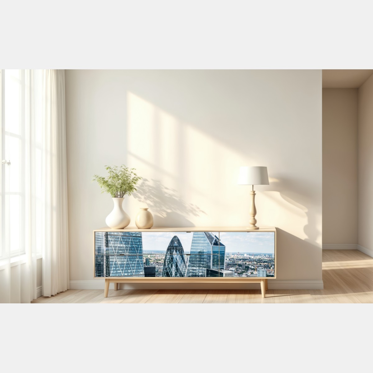 Naklejka repozycjonowalna nowoczesna panorama Londynu ze szklanymi drapaczami chmur – Wallissimo® Naklejka repozycjonowalna nowoczesna panorama Londynu ze szklanymi drapaczami chmur – Wallissimo®