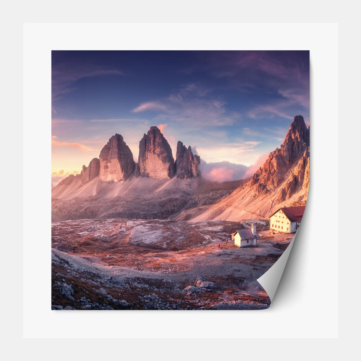 Naklejka repozycjonowalna wschód słońca nad szczytami Dolomitów – Wallissimo® Naklejka repozycjonowalna wschód słońca nad szczytami Dolomitów – Wallissimo®