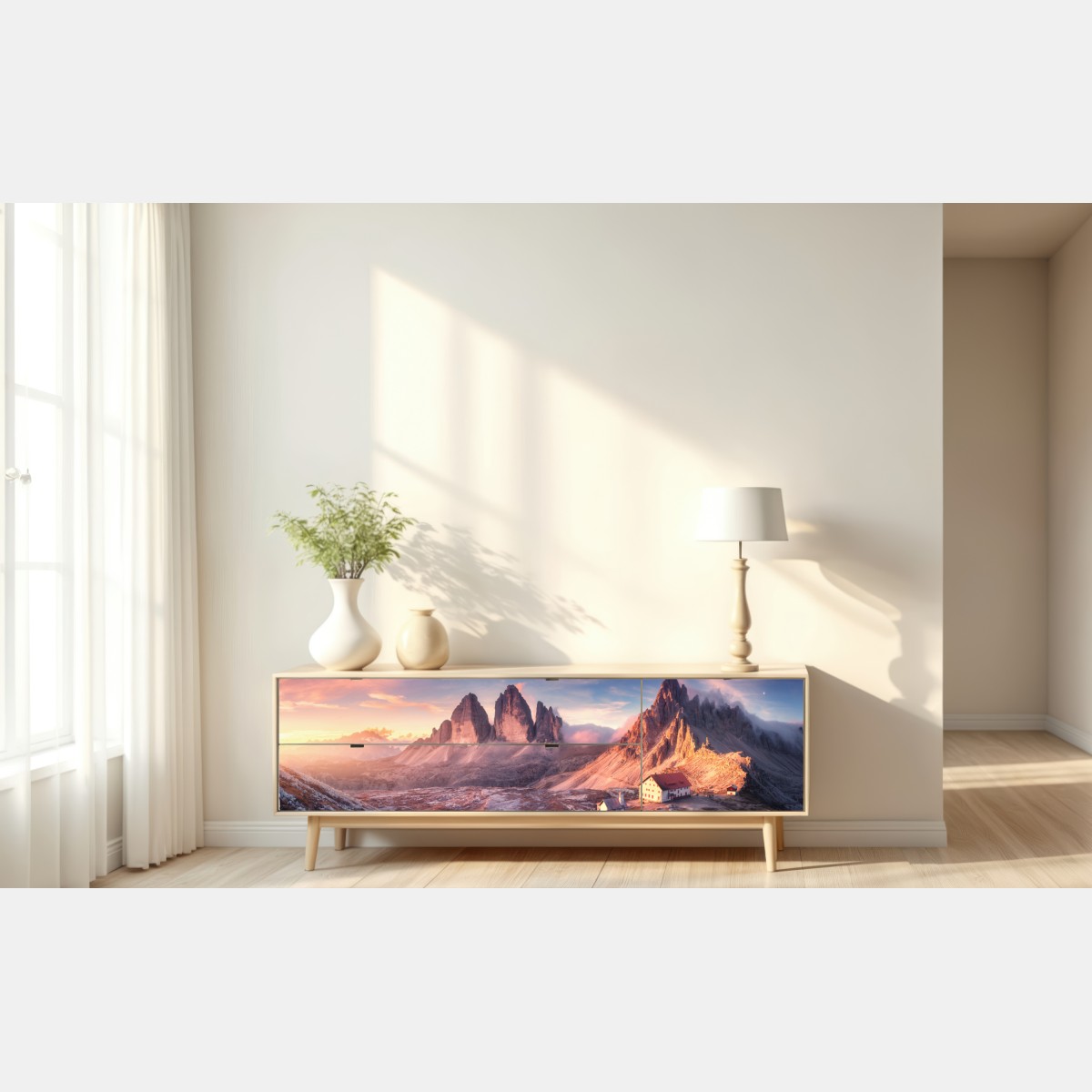 Naklejka repozycjonowalna wschód słońca nad szczytami Dolomitów – Wallissimo® Naklejka repozycjonowalna wschód słońca nad szczytami Dolomitów – Wallissimo®