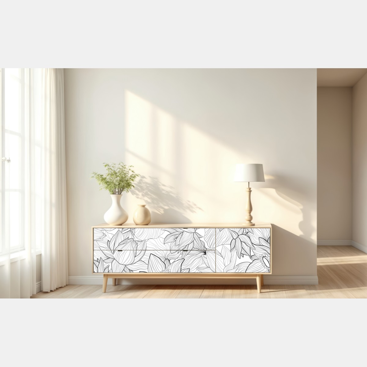 Naklejka repozycjonowalna delikatny rysunek lotosu w czerni i bieli – Wallissimo® Naklejka repozycjonowalna delikatny rysunek lotosu w czerni i bieli – Wallissimo®