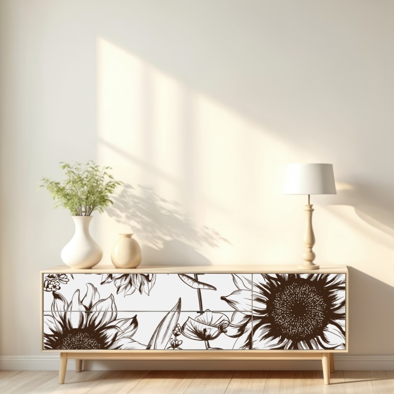 Naklejka repozycjonowalna ilustracja botaniczna słonecznik w sepii – Wallissimo® Naklejka repozycjonowalna ilustracja botaniczna słonecznik w sepii – Wallissimo®